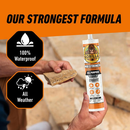 Gorilla Max Strength Construction Adhesive, 9 oz Cartridge (Pack of 3), Clear, Waterproof Gap-Filling Formula for Wood Metal Tile Stone Glass Mirror Indoor Outdoor, Paintable Sandable