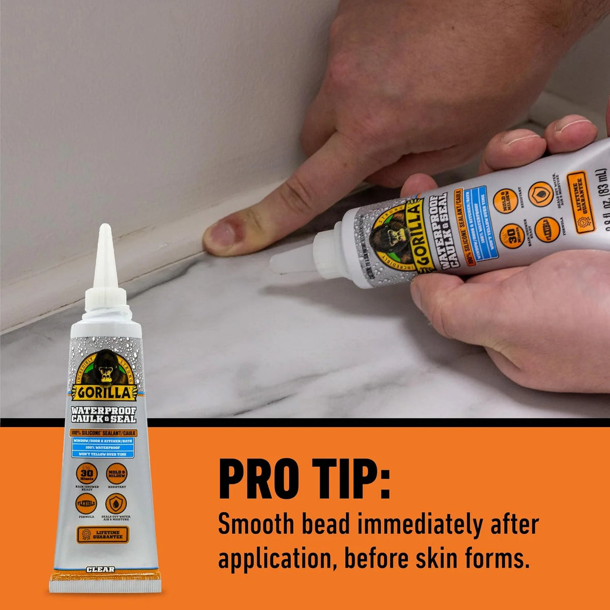 Gorilla 100% Silicone Caulk, 2.8 oz, 10 Year Mold Resistant, Clear, 2-Pack