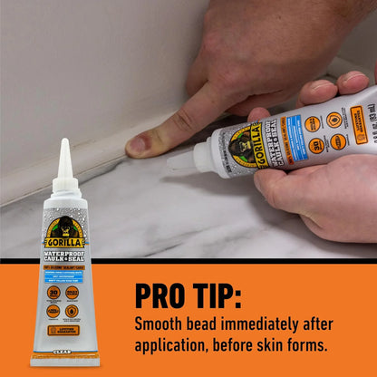 Gorilla 100% Silicone Caulk, 2.8 oz, 10 Year Mold Resistant, Clear, 2-Pack