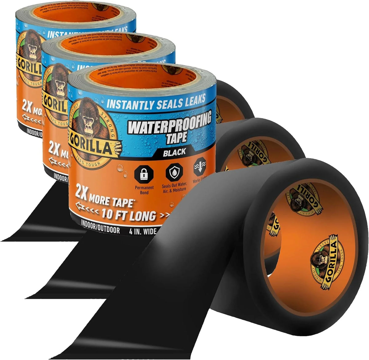 Gorilla Waterproof Patch & Seal Tape, Black Tape, 4" x 10' (Pack of 4) - Permanent Weather Resistant Seal for Leaks and Repairs