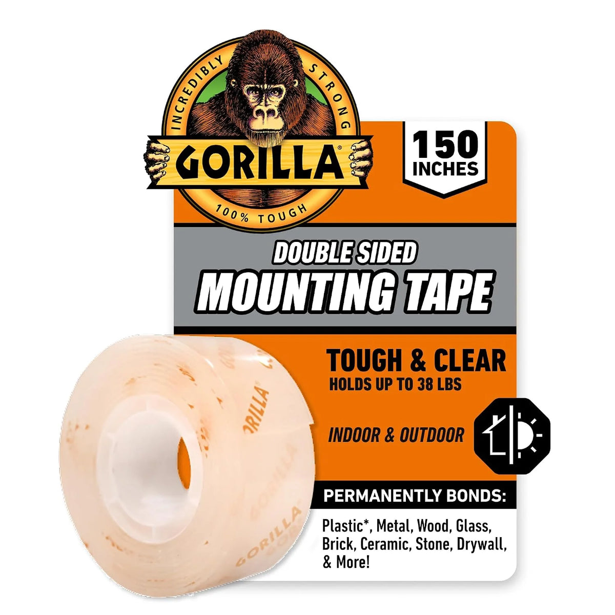 Gorilla Tough & Clear Double Sided Mounting Tape, Clear Tape, 1" x 150" - Weatherproof for Indoor or Outdoor (Pack of 6)