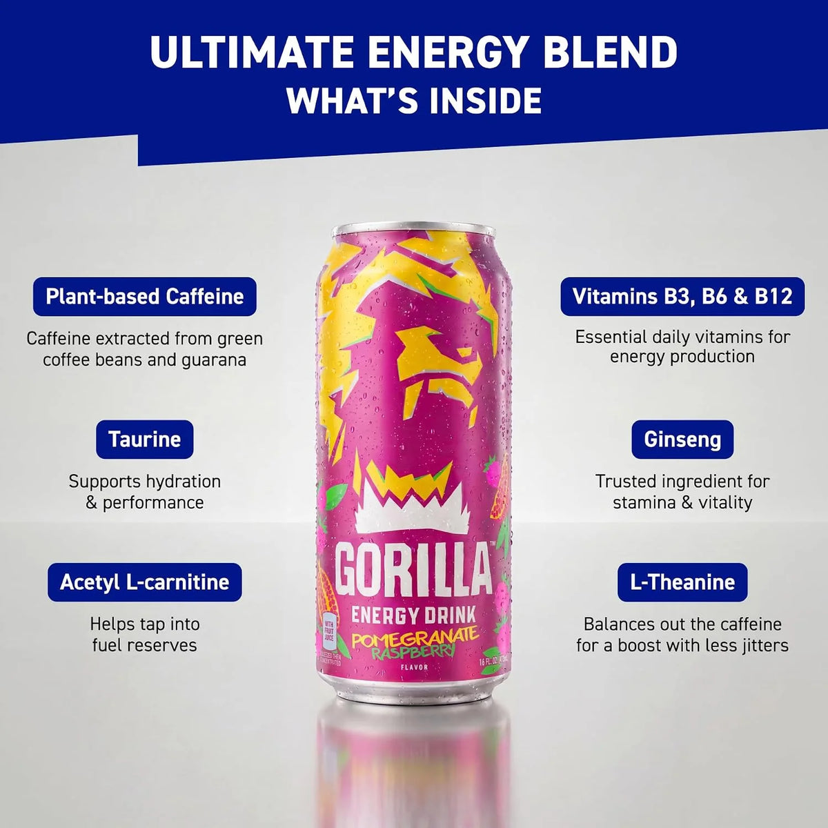 Gorilla Energy Drink, Cherry Berry, 200mg Plant-Based Caffeine, 12 Pack