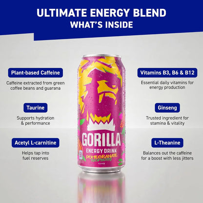 Gorilla Energy Drink, Cherry Berry, 200mg Plant-Based Caffeine, 12 Pack