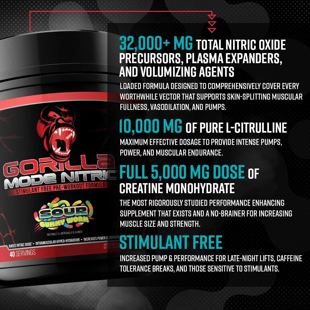 Gorilla Mode Nitric Stimulant Free Pre-Workout – Best Tasting and Most Effective Stimulant Free Pre-Workout/Massive Pumps · Vasodilation · Power / 688 Grams (Fruit Punch)