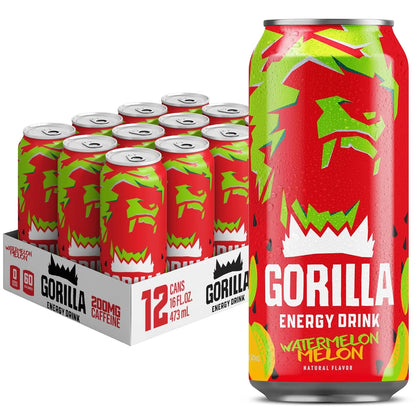Gorilla Energy Drink, Cherry Berry, 200mg Plant-Based Caffeine, 12 Pack