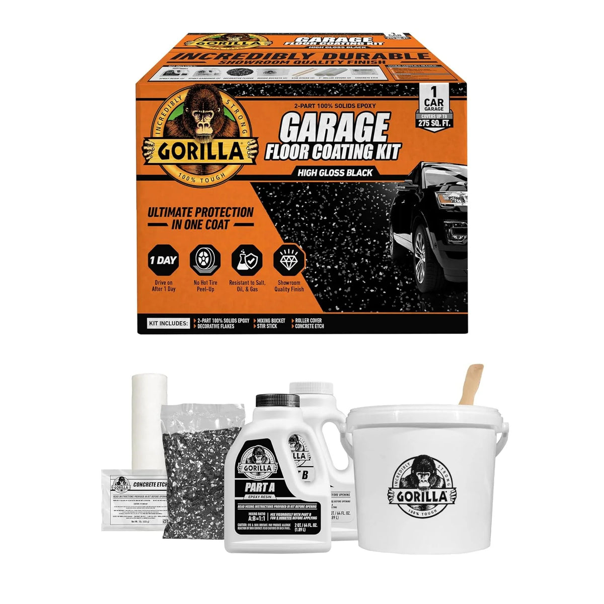 Gorilla Epoxy Garage Floor Coating Kit, 7 Pieces, 1-Car, Black Finish
