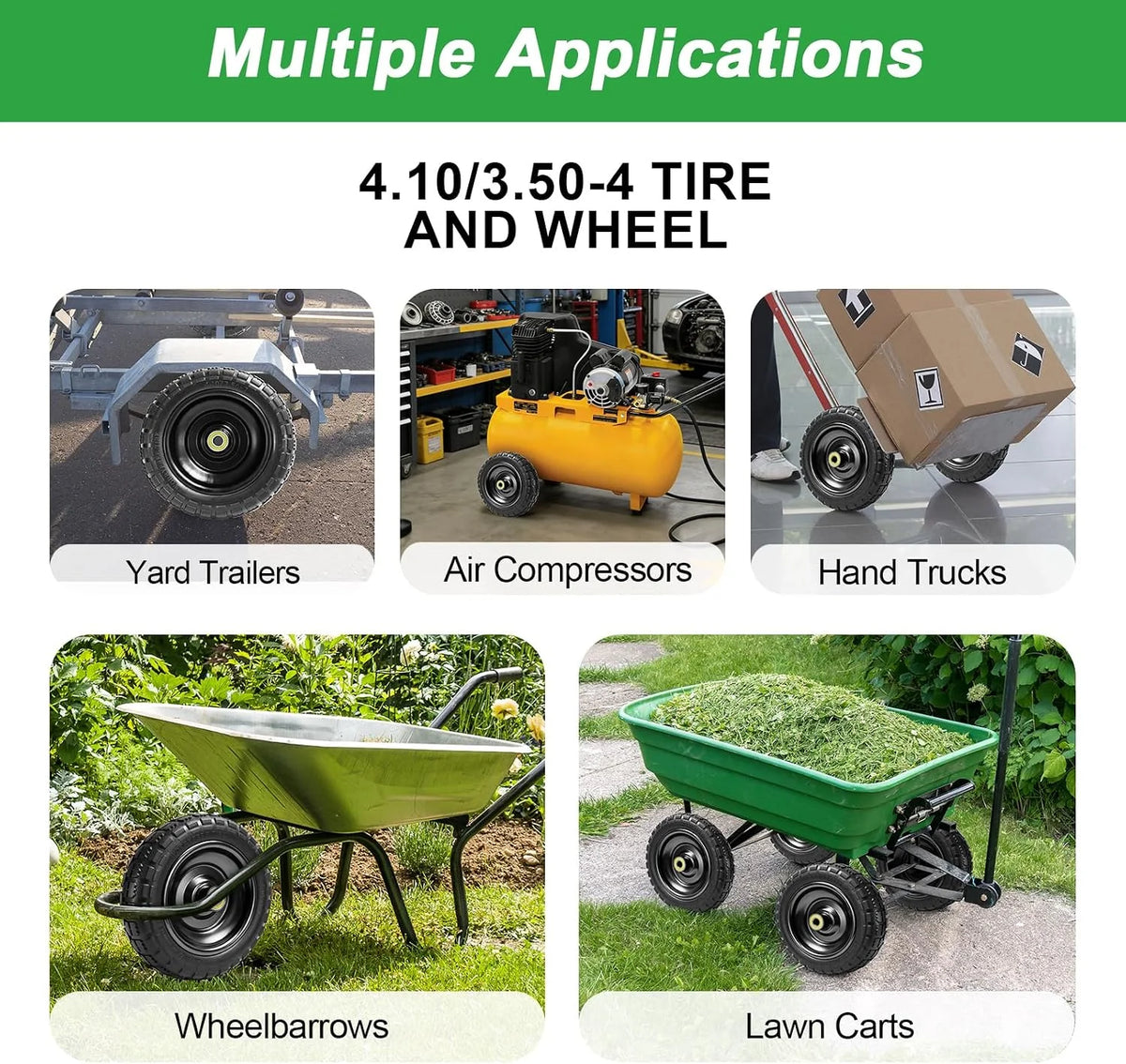 10" Flat Free Tires (4-Pack), 4.10/3.50-4 Solid Rubber Wheels for Gorilla Carts, Garden Wagons, Wheelbarrows & Utility Carts - 5/8" Axle Bore, 2.1" Offset Hub, Heavy Duty No-Flat Replacement