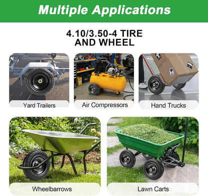 10" Flat Free Tires (4-Pack), 4.10/3.50-4 Solid Rubber Wheels for Gorilla Carts, Garden Wagons, Wheelbarrows & Utility Carts - 5/8" Axle Bore, 2.1" Offset Hub, Heavy Duty No-Flat Replacement
