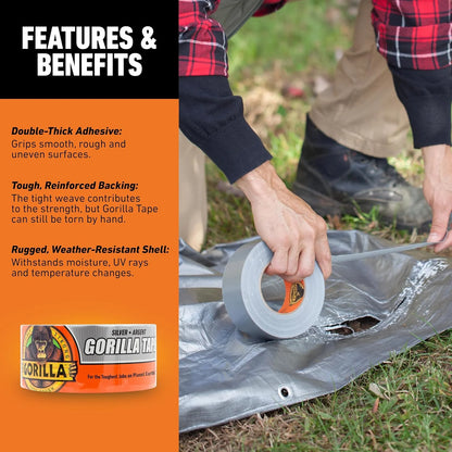 GORILLA Heavy Duty Duct Tape, Silver, 1.88" x 30 yd, 1-Pack