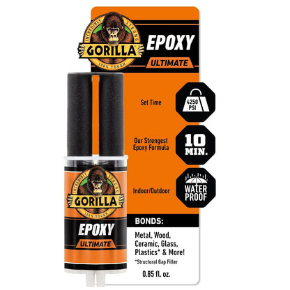 Gorilla Epoxy Ultimate, Waterproof, 10 Minute Set, Permanent Bond, Dries Black, 0.85oz Syringe (Pack of 6)