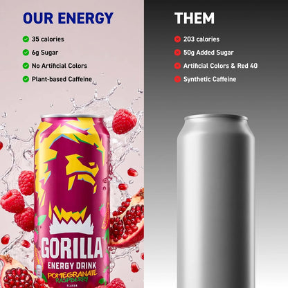 Gorilla Energy Drink, Cherry Berry, 200mg Plant-Based Caffeine, 12 Pack