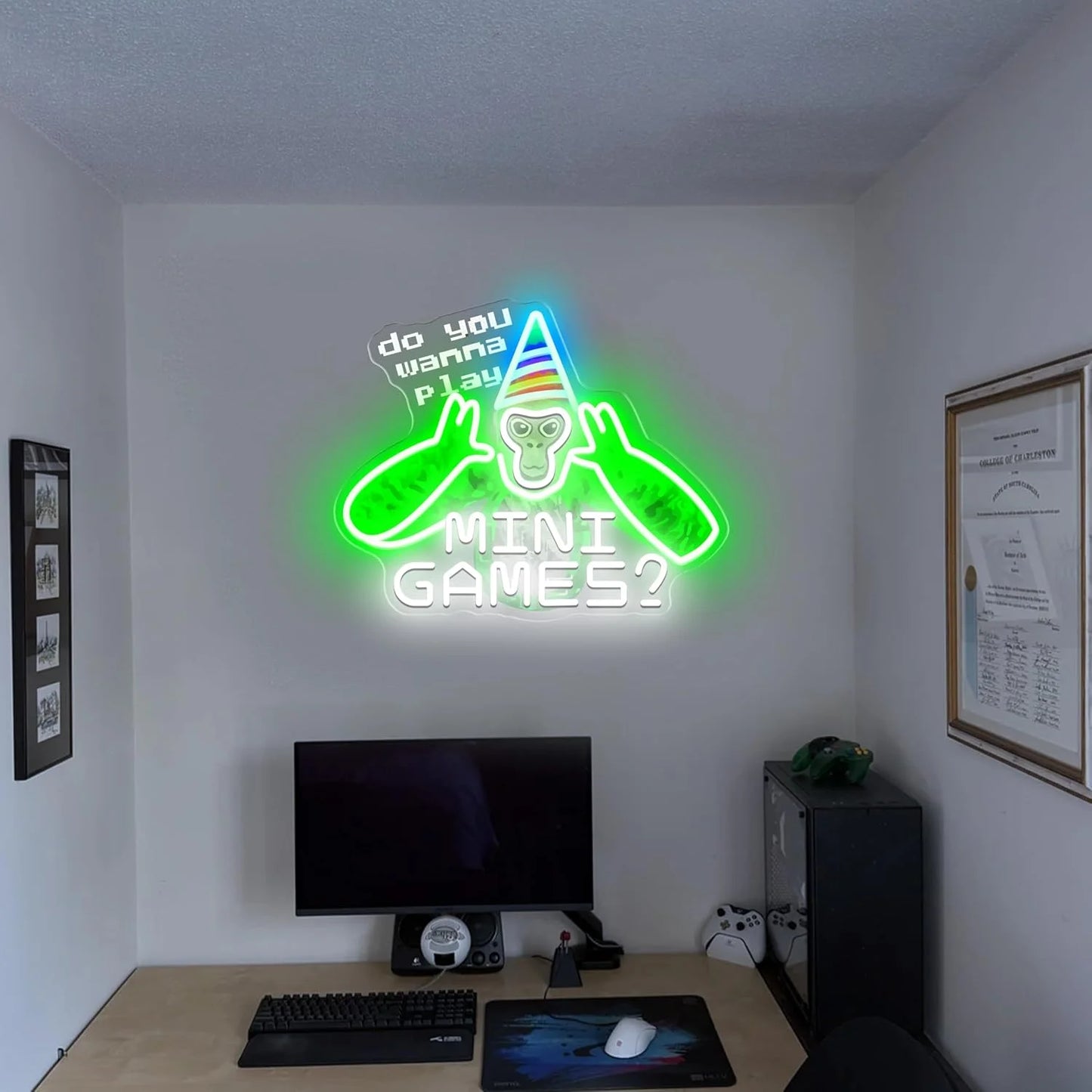 Do You Wanna Play Mini Games? Neon Sign Fun Gaming LED Art for Game Rooms Decor Cute Monkey with Party Hat Sign for Mini Game Fans Night Lights for Bedroom Party Kids Room Wall Decor