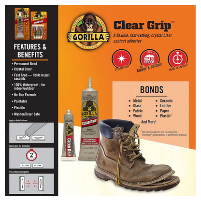 Gorilla Clear Grip Waterproof Contact Adhesive, 3 Ounce Tube, Clear, (Pack of 5)
