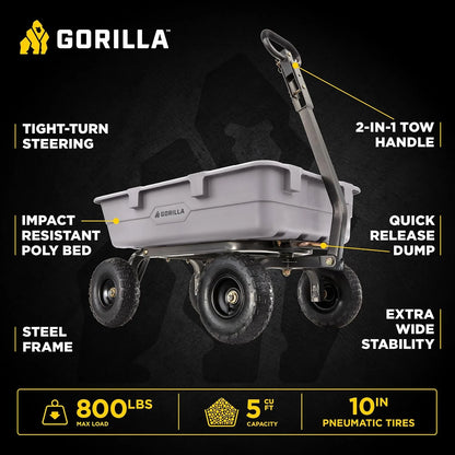 Gorilla Carts Poly Dump Cart, 800 lb. Capacity, 5 Cu Ft, Gray