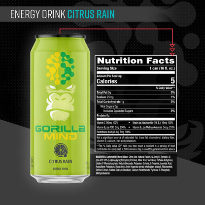 Gorilla Mind Energy Drink | 16oz, 12-Pack (Citrus Rain)