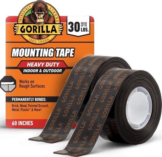 GORILLA Heavy Duty Double Sided Mounting Tape, 1" x 60", Black, 2-Pack