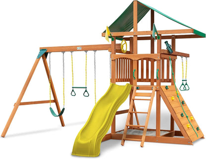 Gorilla Playsets 01-1075-Y Outing Wood Swing Set with Wood Roof and Twister Tube Slide - Yellow Slides, Amber