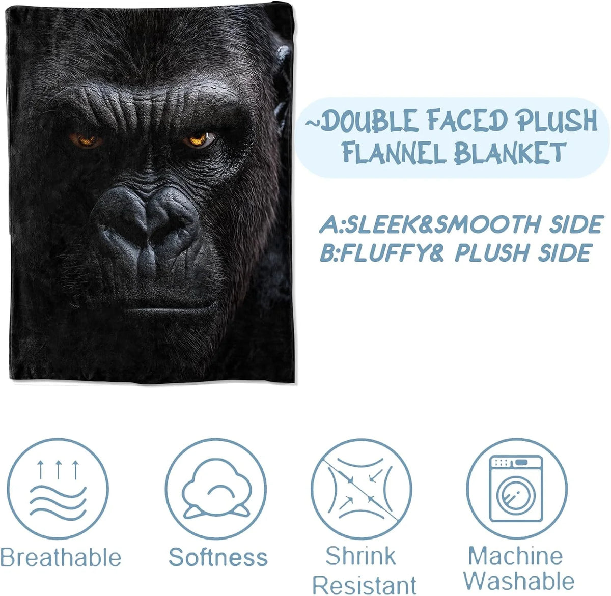 Gorilla Blankets for Adult Kids, Flannel Gorilla Throw Blanket, Birthday Gifts, Gorilla Decor for Sofa Couch Bed Living Room Soft Warm Lightweight Cozy 60" x 80"