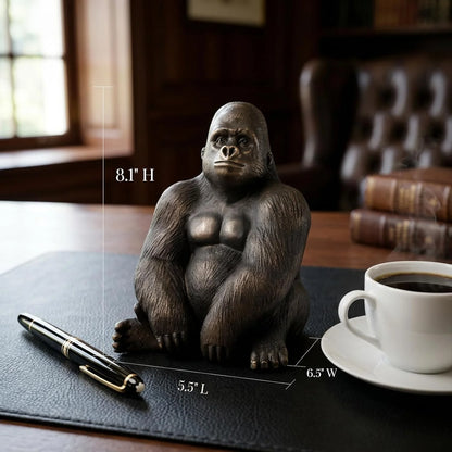 Office Decor Silverback Gorilla Statue Sitting, Black Gold