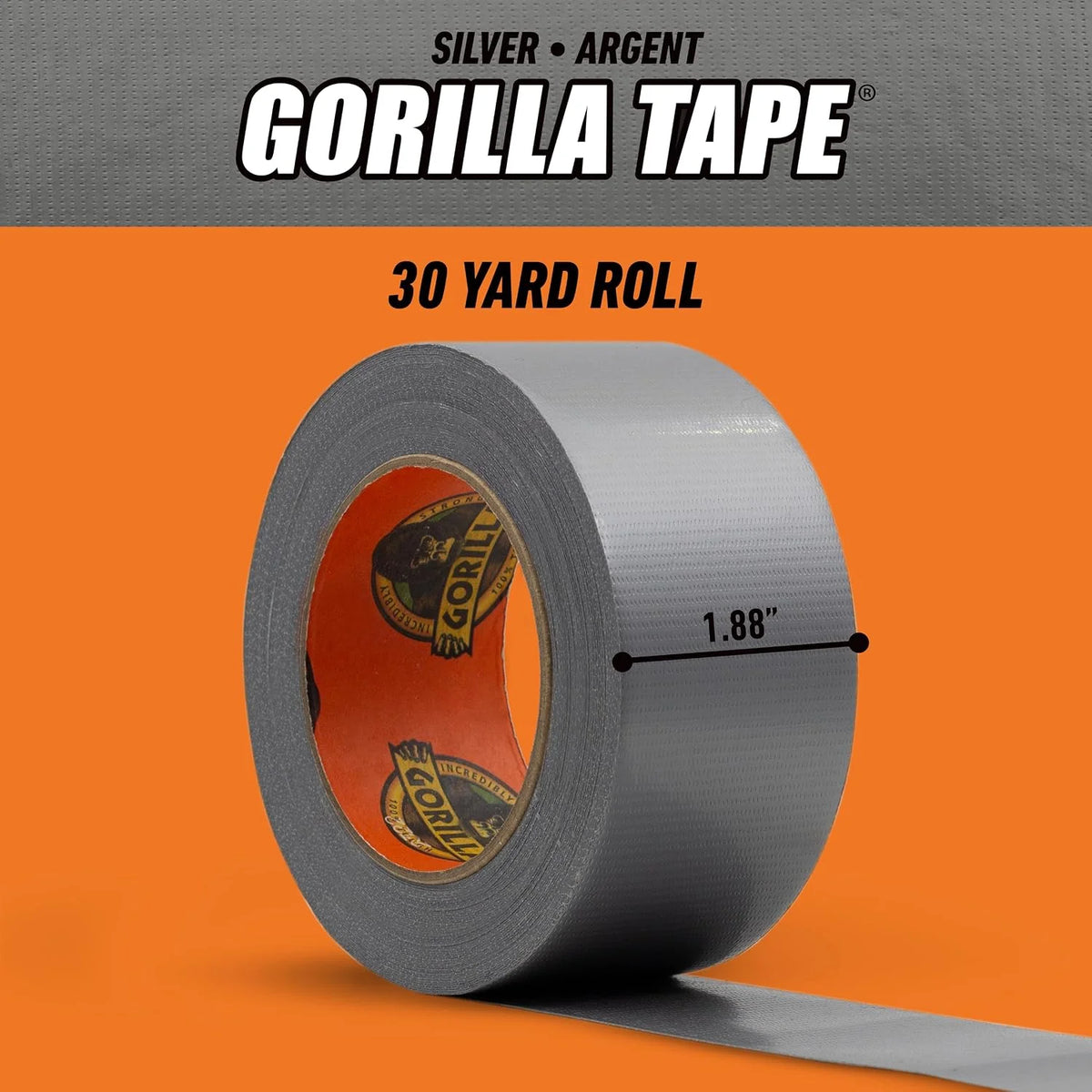 GORILLA Heavy Duty Duct Tape, Silver, 1.88" x 30 yd, 1-Pack
