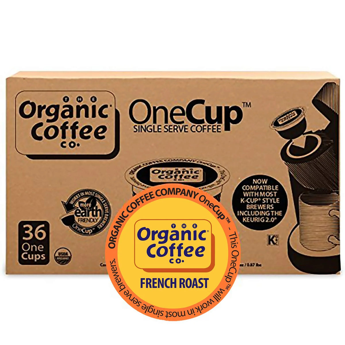 The Organic Coffee Co. Compostable Coffee Pods - Gorilla Decaf (36 Ct) K Cup Compatible including Keurig 2.0, Medium Roast, Swiss Water Processed, USDA Organic