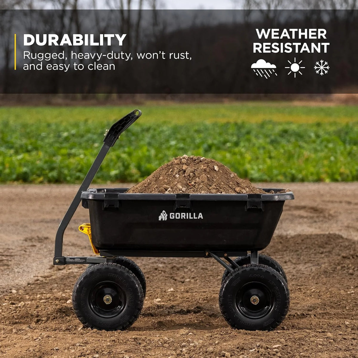 Gorilla Carts Dump Garden Cart, 4 Cu Ft, 600 lb Capacity, No-Flat Tires