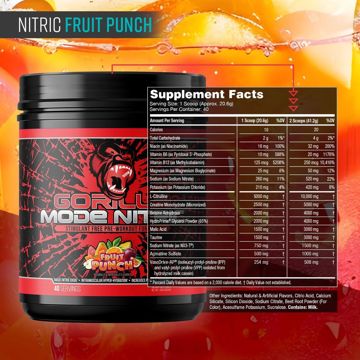 Gorilla Mode Nitric Stimulant Free Pre-Workout – Best Tasting and Most Effective Stimulant Free Pre-Workout/Massive Pumps · Vasodilation · Power / 688 Grams (Fruit Punch)