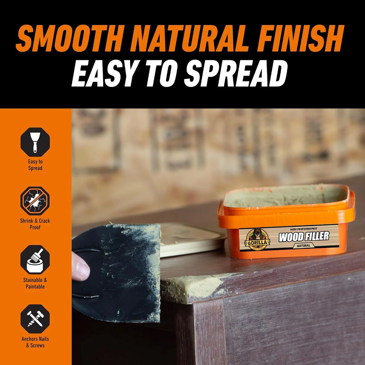 Gorilla All Purpose Wood Filler, Natural Finish, 16 Ounce Tub (Pack of 4) - Water Resistant for Indoor or Outdoor Projects and Repairs