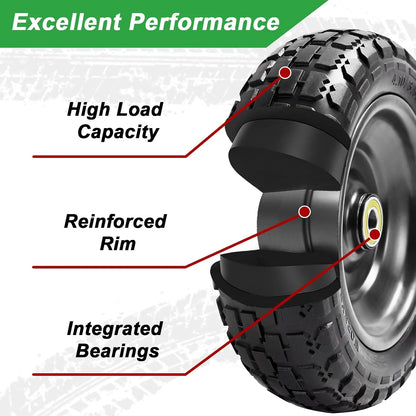 10" Flat Free Tires (4-Pack), 4.10/3.50-4 Solid Rubber Wheels for Gorilla Carts, Garden Wagons, Wheelbarrows & Utility Carts - 5/8" Axle Bore, 2.1" Offset Hub, Heavy Duty No-Flat Replacement