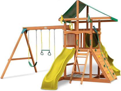 Gorilla Playsets 01-1075-Y Outing Wood Swing Set with Wood Roof and Twister Tube Slide - Yellow Slides, Amber