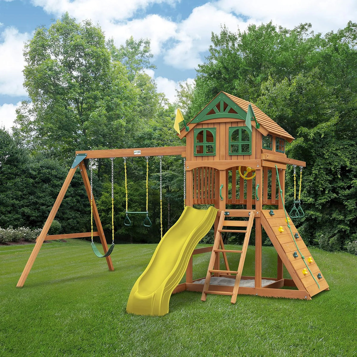 Gorilla Playsets 01-1075-Y Outing Wood Swing Set with Wood Roof and Twister Tube Slide - Yellow Slides, Amber