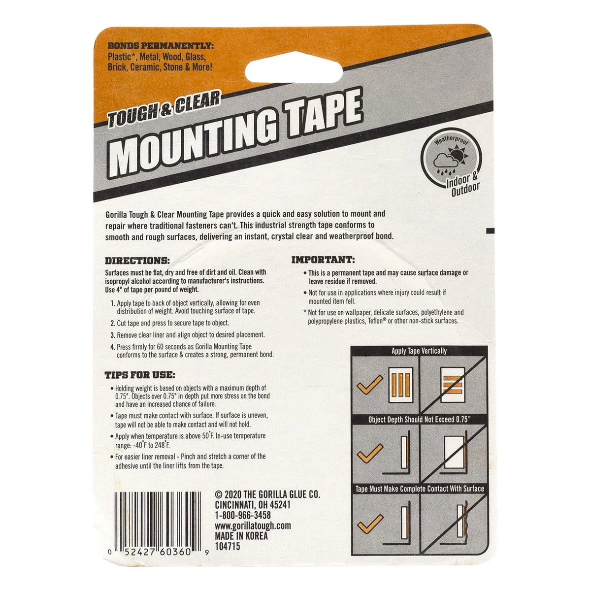 Gorilla Tough & Clear Double Sided Mounting Tape, Clear Tape, 1" x 150" - Weatherproof for Indoor or Outdoor (Pack of 6)