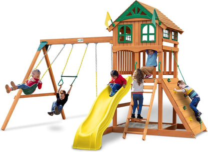 Gorilla Playsets 01-1075-Y Outing Wood Swing Set with Wood Roof and Twister Tube Slide - Yellow Slides, Amber