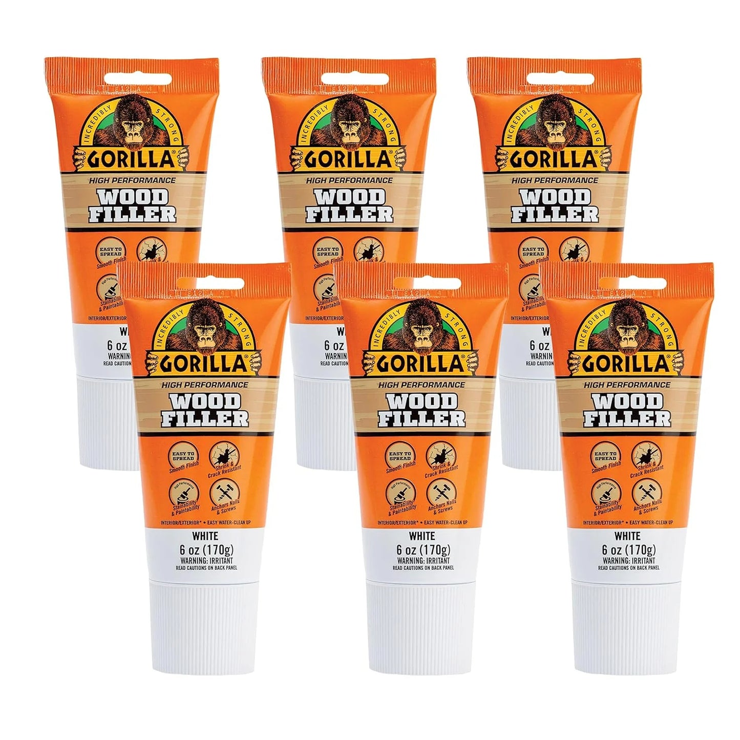 Gorilla Wood Filler, Water Resistant, White, 6 oz Tube, 2-Pack
