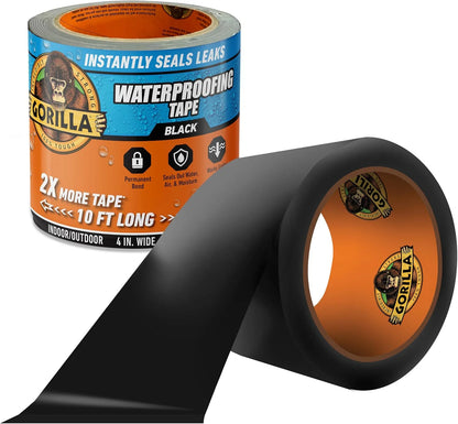Gorilla Waterproof Patch & Seal Tape, Black Tape, 4" x 10' (Pack of 4) - Permanent Weather Resistant Seal for Leaks and Repairs