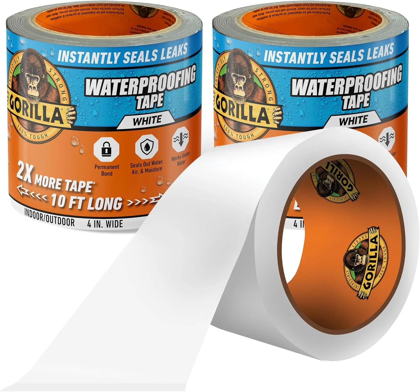 GORILLA Waterproofing Tape, Permanent Seal, White, 4" x 10', 2-Pack