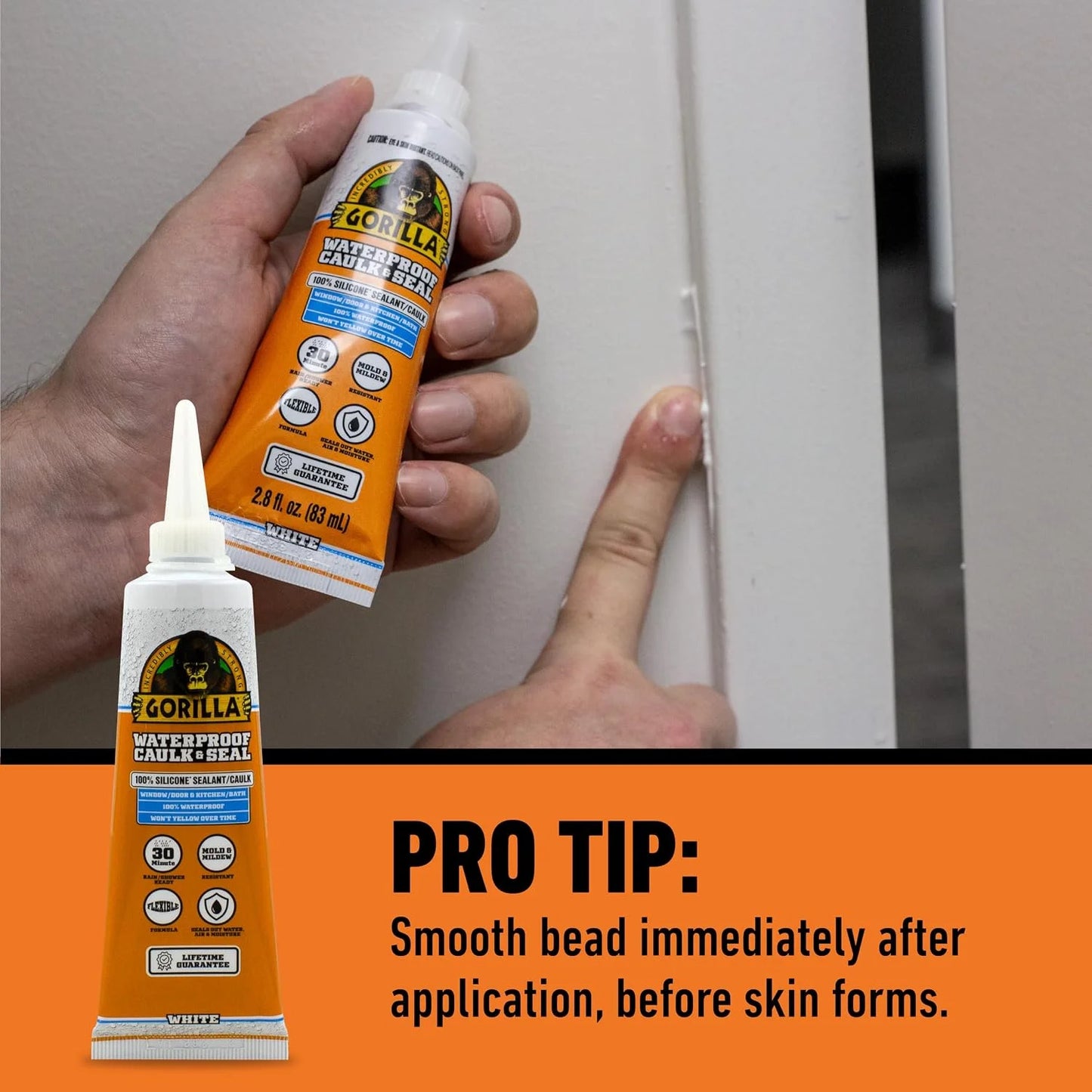 Gorilla 100% Silicone Caulk, 2.8 oz, 10 Year Mold Resistant, Clear, 2-Pack