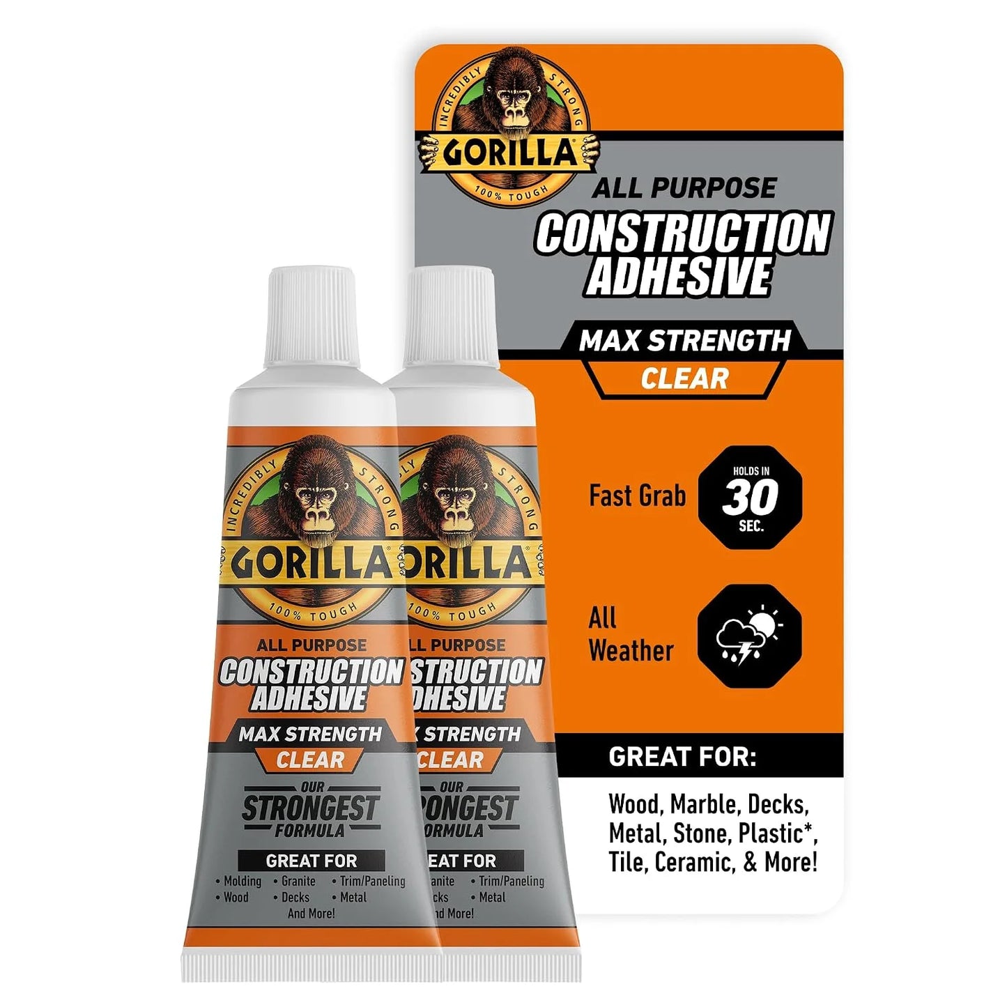 Gorilla Max Strength Construction Adhesive, Clear, 7 oz Tube, 1-Pack