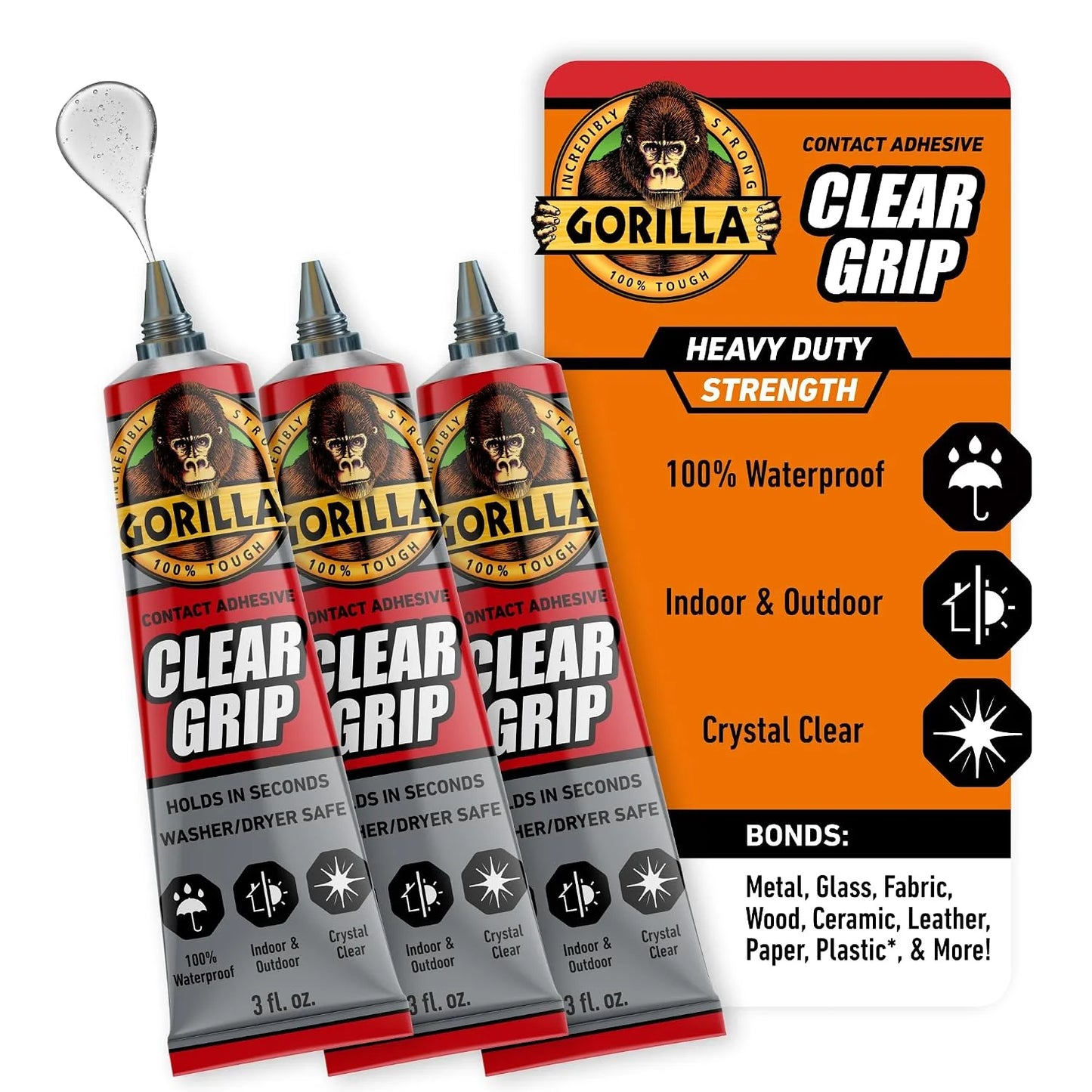 Gorilla Clear Grip Waterproof Contact Adhesive, 3 Ounce Tube, Clear, (Pack of 5)