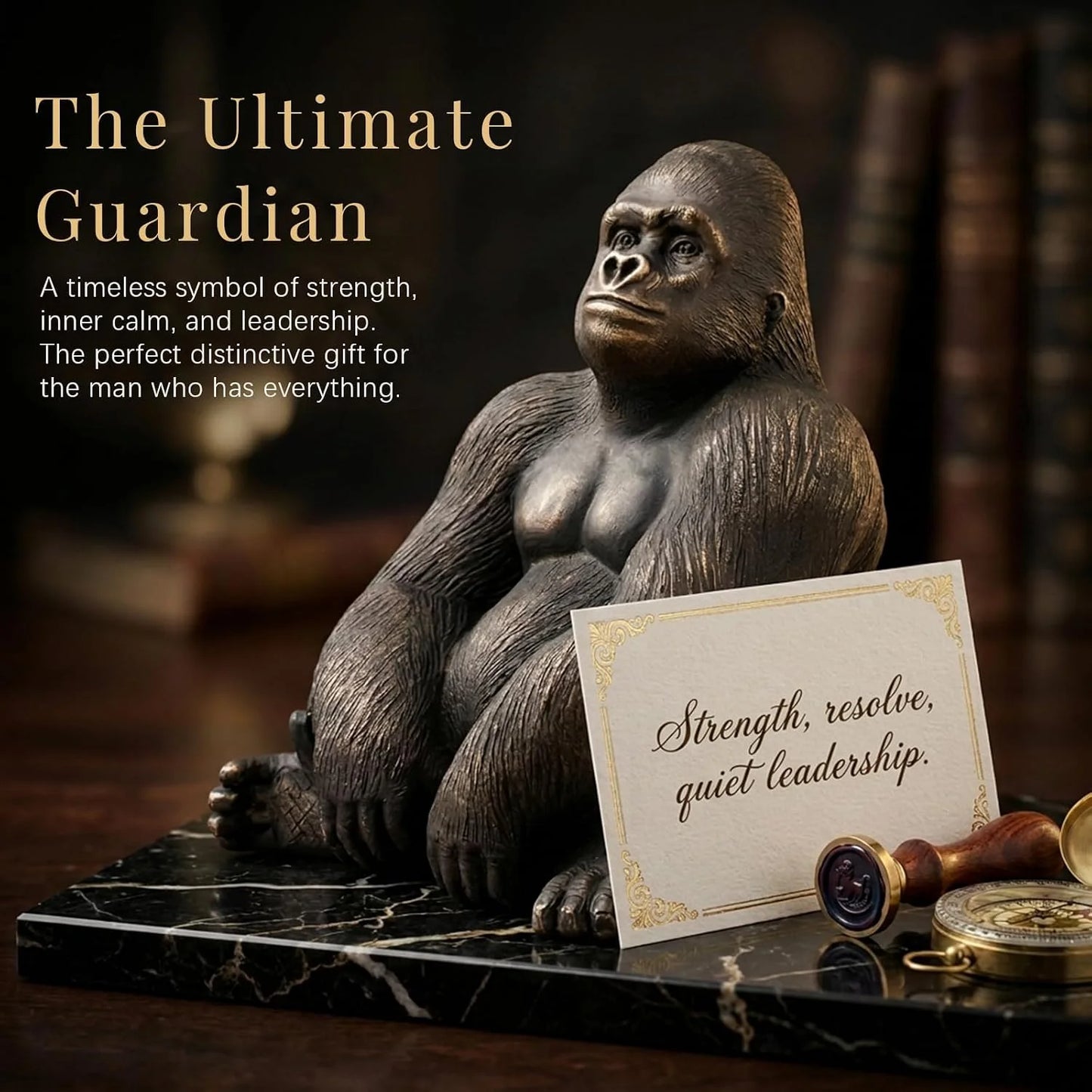 Office Decor Silverback Gorilla Statue Sitting, Black Gold