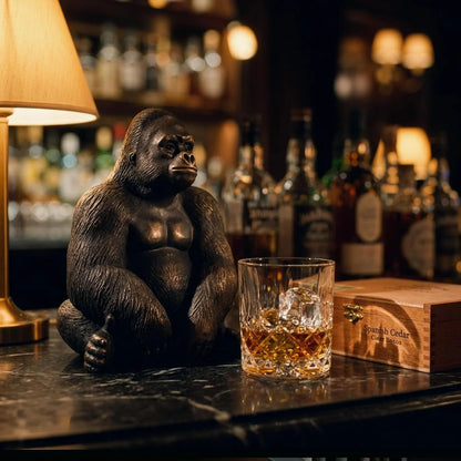Office Decor Silverback Gorilla Statue Sitting, Black Gold