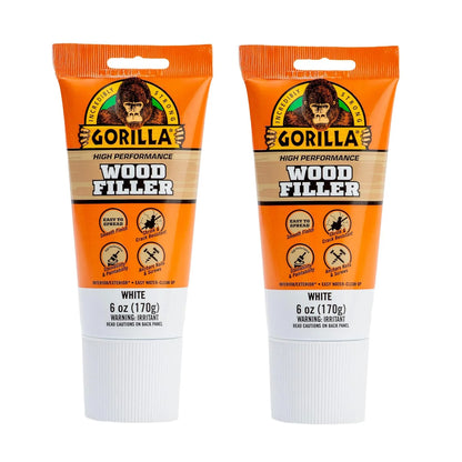 Gorilla Wood Filler, Water Resistant, White, 6 oz Tube, 2-Pack