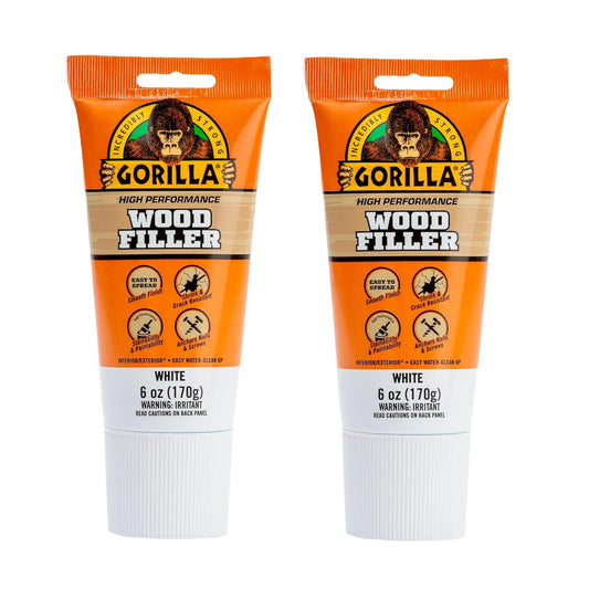Gorilla Wood Filler, Water Resistant, White, 6 oz Tube, 2-Pack