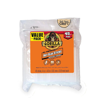 Gorilla Hot Glue Sticks, Clear Glue, Full Size 4" Long x 0.43" Diameter, 45 Count (Pack of 4) - Safe for All Temperatures with Extended Working Time