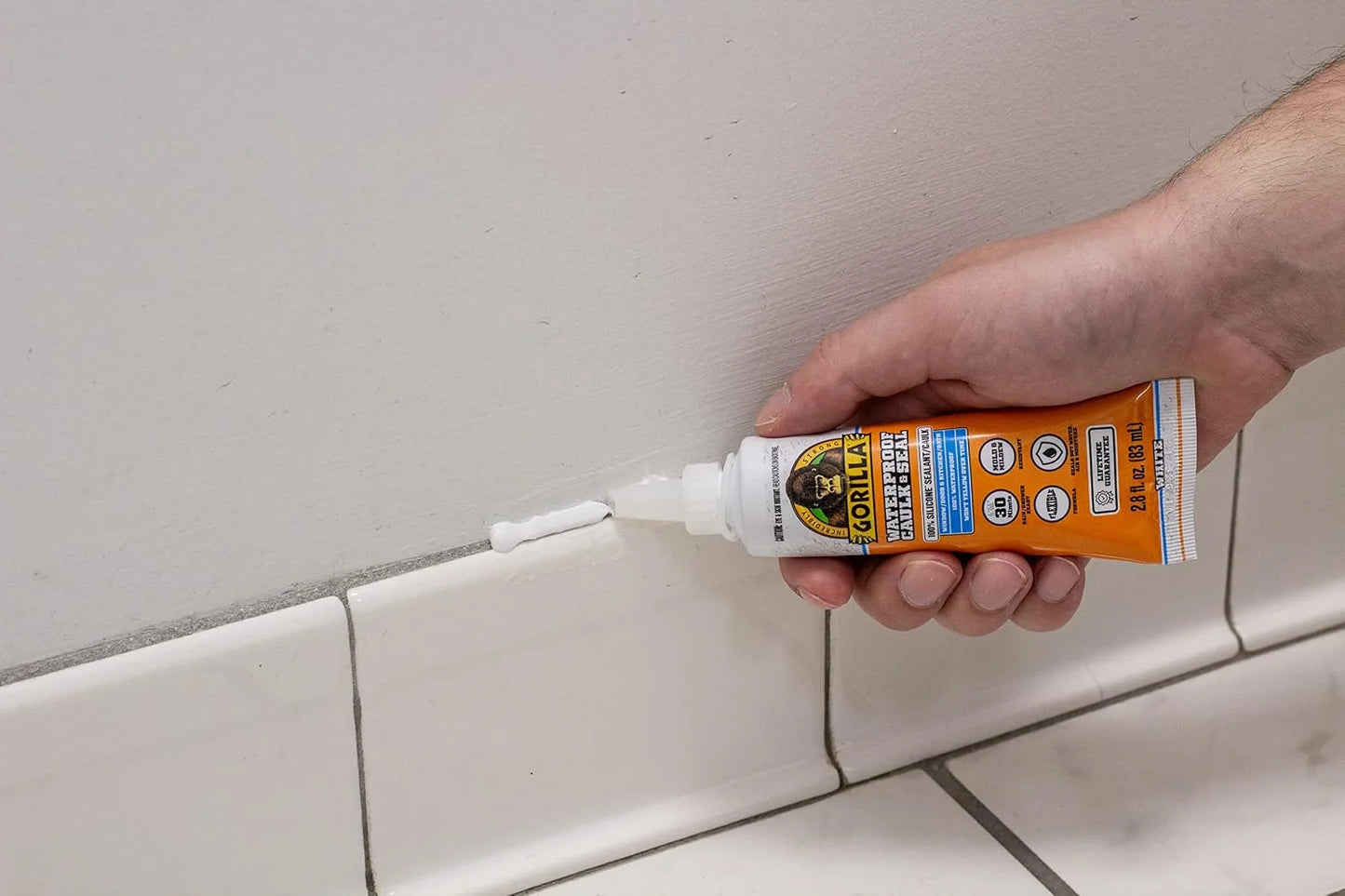 Gorilla 100% Silicone Caulk, 2.8 oz, 10 Year Mold Resistant, Clear, 2-Pack