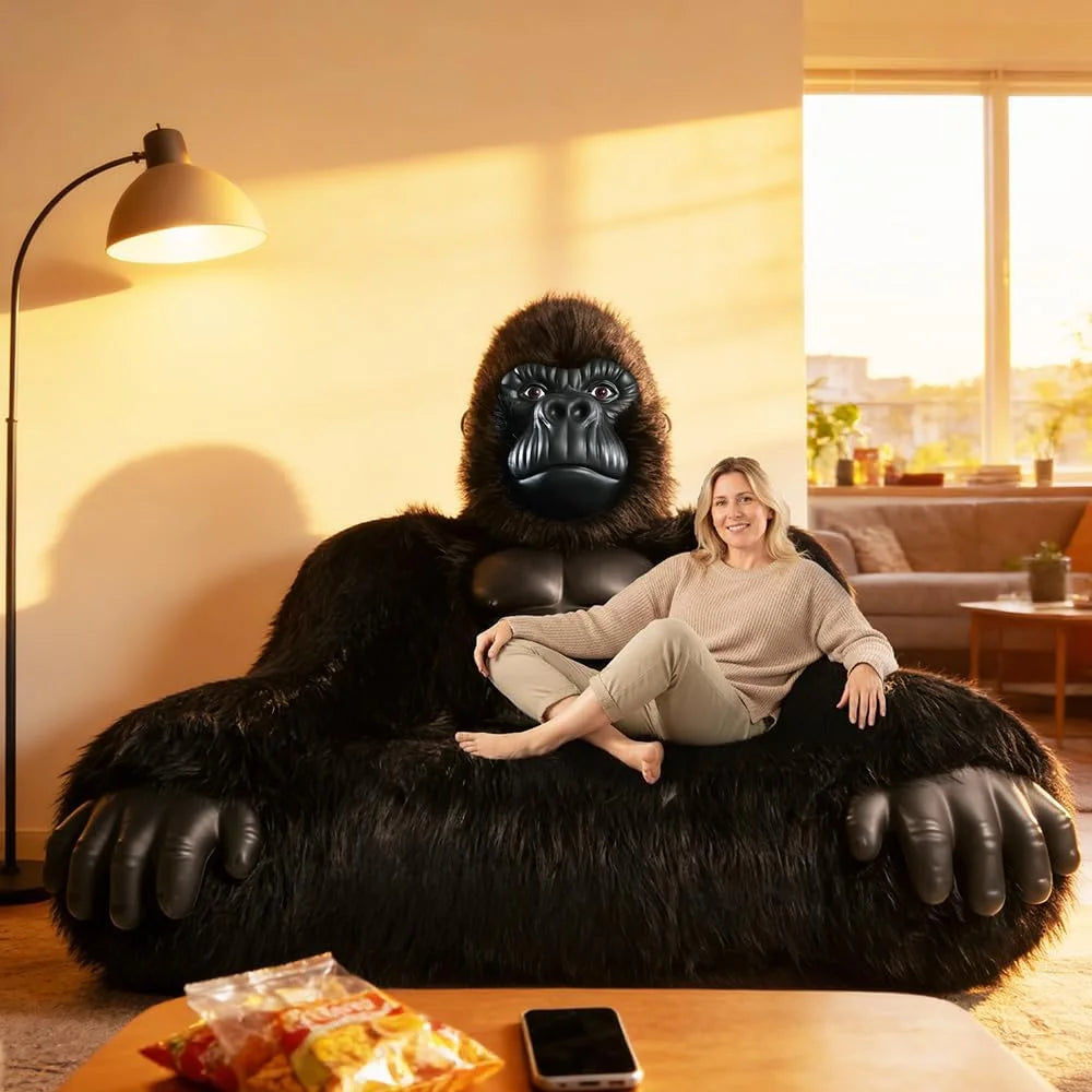 Giant Inflatable Gorilla Couch Blow Up Gorilla Sofa Furry Plush Orangutan Furniture for Lounging, Gaming or Movie Nights (Pink)