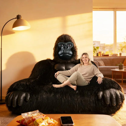 Giant Inflatable Gorilla Couch Blow Up Gorilla Sofa Furry Plush Orangutan Furniture for Lounging, Gaming or Movie Nights (Pink)