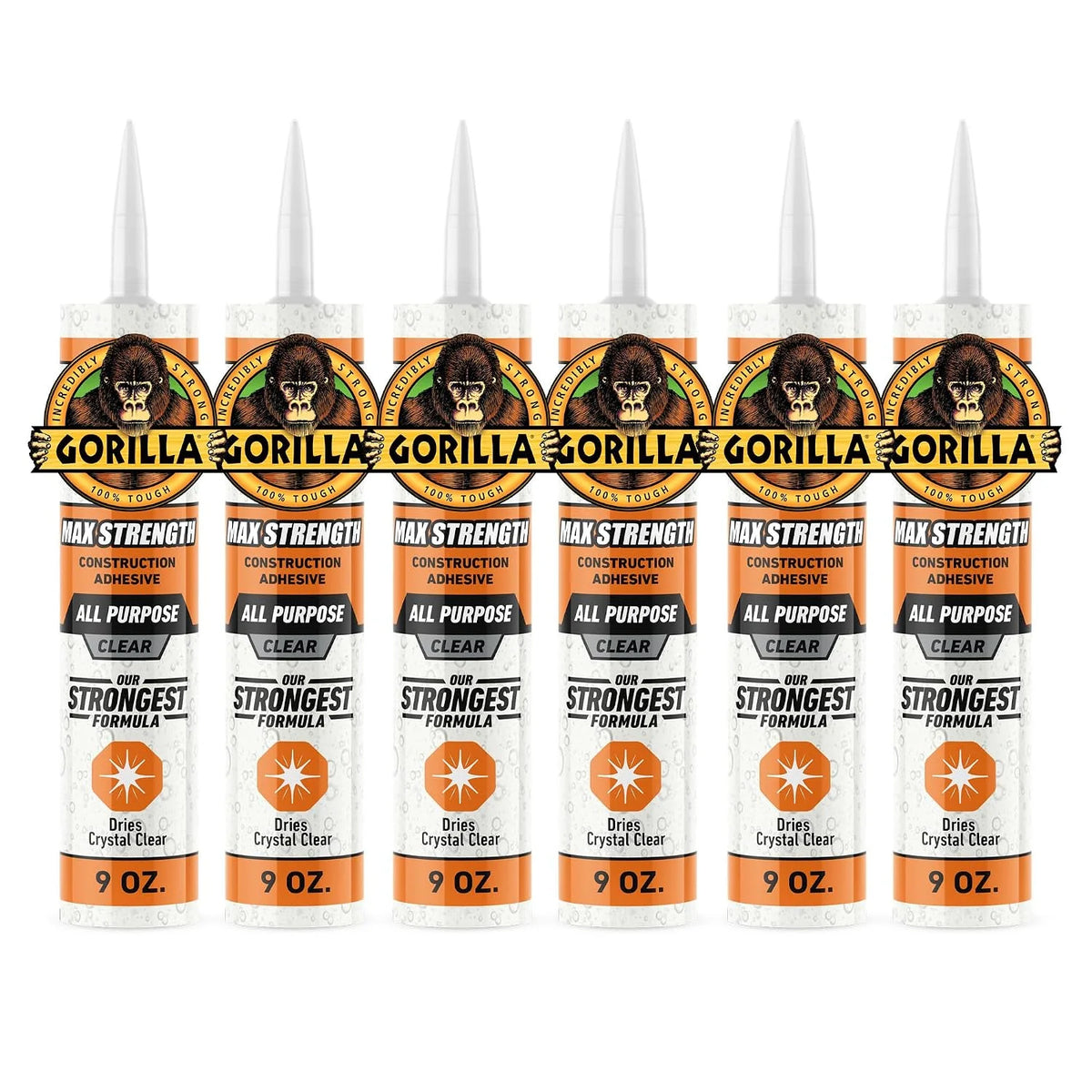 Gorilla Max Strength Construction Adhesive, 9 oz Cartridge (Pack of 3), Clear, Waterproof Gap-Filling Formula for Wood Metal Tile Stone Glass Mirror Indoor Outdoor, Paintable Sandable