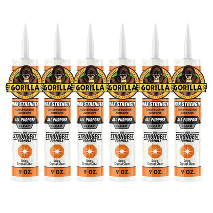 Gorilla Max Strength Construction Adhesive, 9 oz Cartridge (Pack of 3), Clear, Waterproof Gap-Filling Formula for Wood Metal Tile Stone Glass Mirror Indoor Outdoor, Paintable Sandable
