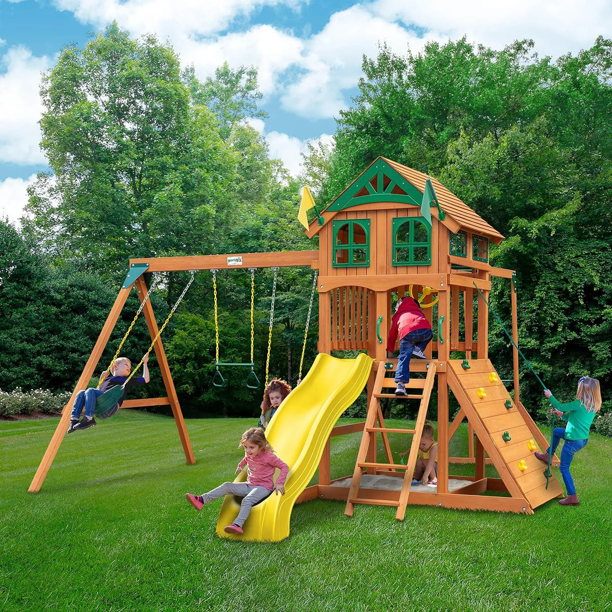 Gorilla Playsets 01-1075-Y Outing Wood Swing Set with Wood Roof and Twister Tube Slide - Yellow Slides, Amber
